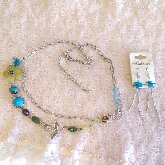 Vintage NEW Andante Handmade Teal Blue Green Beads Silver Necklace & Earrings - Picture 8 of 9